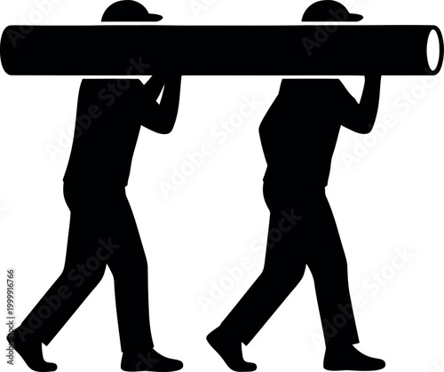 Two silhouetted figures carrying a long cylindrical object on their shoulders