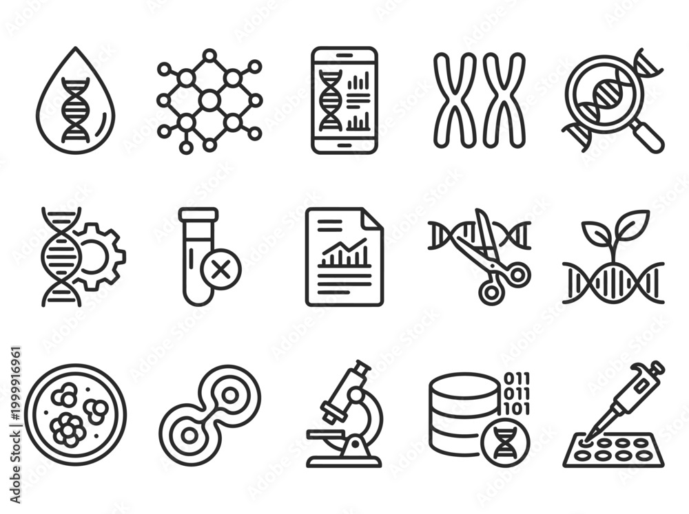 Fototapeta premium Genetic Engineering and Biotechnology Line Icon Set - DNA, CRISPR, and Lab Research Symbols
