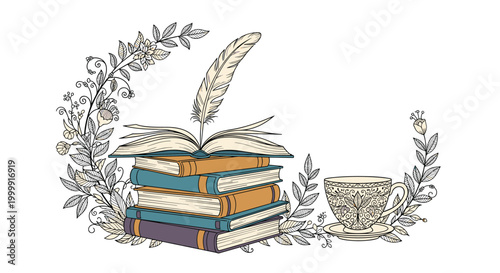 Stack of vintage books topped with an open book and a quill pen next to an ornate teacup within a floral wreath.