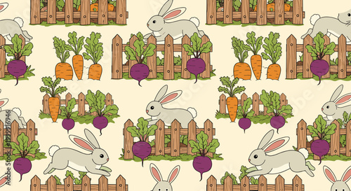 Charming garden pattern featuring cute rabbits leaping over wooden fences with rows of fresh carrots and purple beets in the soil.