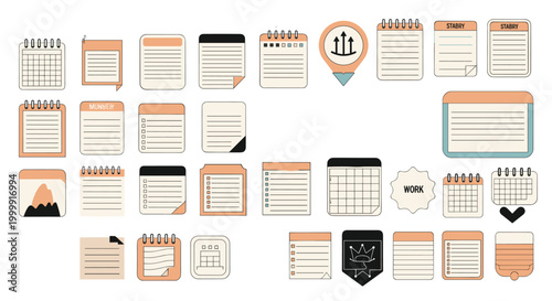 Extensive collection of planner and stationery icons including notebooks, to do lists, calendars, and sticky notes in warm colors.