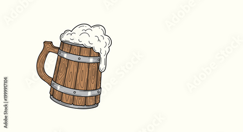 Traditional wooden beer mug with metal bands overflows with thick white foam against a plain background in a vintage hand-drawn style.