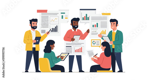 A diverse team of professionals collaborates on data analysis and business reports using digital tablets and charts in a modern office setting.
