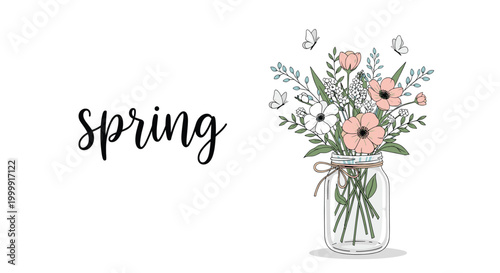 Spring-themed illustration features glass jar with a colorful bouquet of flowers and fluttering butterflies next to elegant script text.
