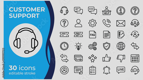 Customer support icons set with headset and various symbols for service and help  editable stroke