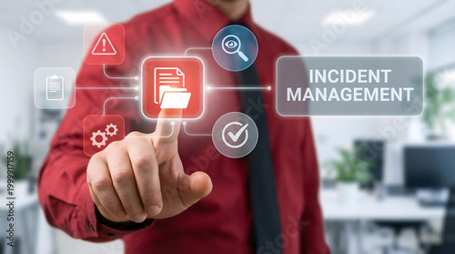Businessman interacting with a virtual incident management interface in a modern office setting