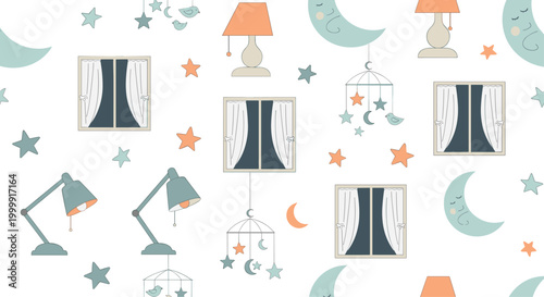 Sweet nursery pattern features a repeat design of crescent moons, twinkling stars, bedside lamps, windows with curtains, and baby mobiles.