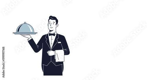 Professional waiter dressed in a formal black tuxedo holds a silver serving platter with a dome cloche in an elegant restaurant pose.