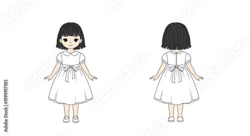 Simple character study shows the front and back views of a little girl with short dark hair wearing a classic white puff-sleeve dress.