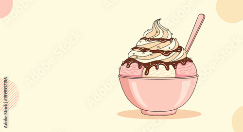 Large bowl of strawberry and vanilla ice cream scoops is topped with thick whipped cream and a generous drizzle of chocolate syrup.