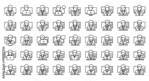 Set of 50 business people working on computers and interacting in office environments line icons.
