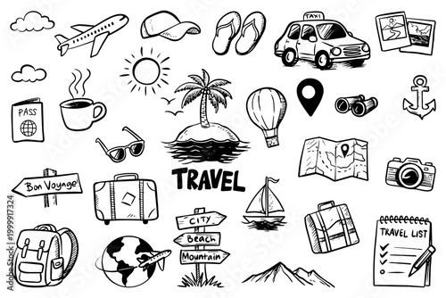 Travel Doodle Set Hand Drawn Vector Icons Collection with Vacation Elements
