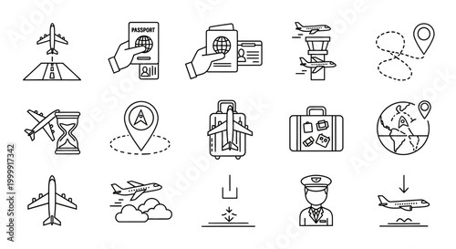Hand Drawn Aviation and Travel Icon Set.