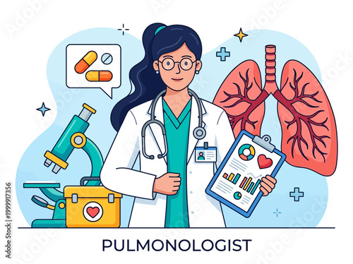 Female Pulmonologist Doctor Specialist Vector Illustration with Lungs Anatomy, Microscope, and Medical Icons for Respiratory Health Care Concepts
