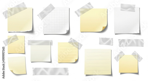 Collection of sticky notes attached with tape on a white background.