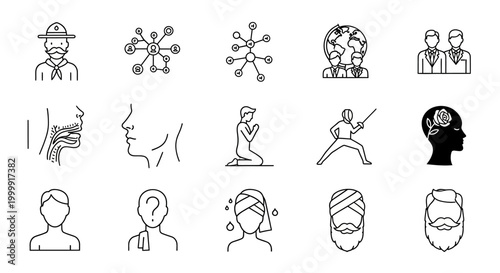Collection of various hand drawn character and human behavior icons.