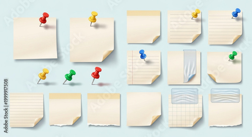 Collection of sticky notes with push pins on a light blue background.