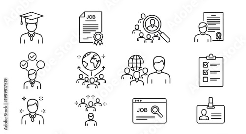 Set of human resources and recruitment line icons for job search.