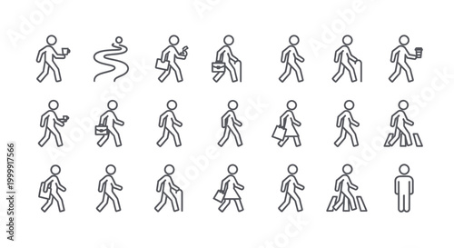 Set of walking people icons in thin line style.