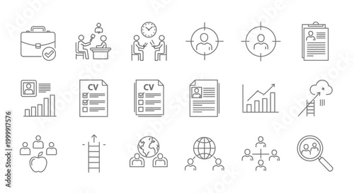 Set of Human Resources and Recruitment Thin Line Icons.