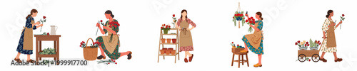 Set of flat vector illustrations depicting female florists and gardeners working with red roses and various plants in different shop and garden scenarios.