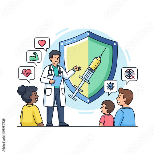 Doctor Explains Vaccination Benefits with Shield and Syringe to Family