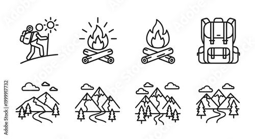 Set of black and white outdoor adventure and camping line icons.