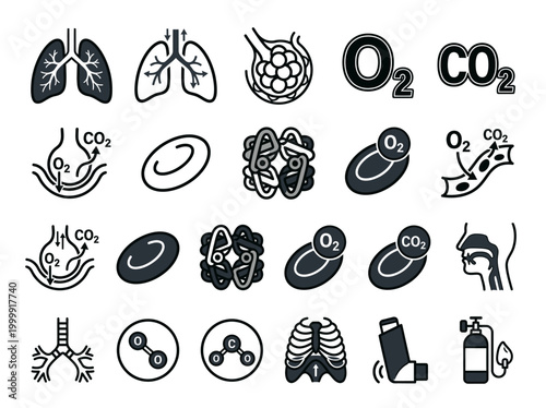 Respiratory System and Gas Exchange Icon Set - Human Lungs, O2 and CO2 Breathing Process, Medical Anatomy Vector Illustrations