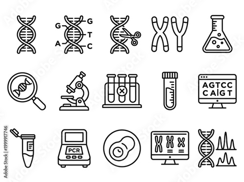 DNA and Genetics Laboratory Icon Set - Biotechnology, CRISPR Gene Editing, and Scientific Research Symbols