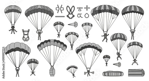 Parachutes and skydivers are featured in this detailed vector.