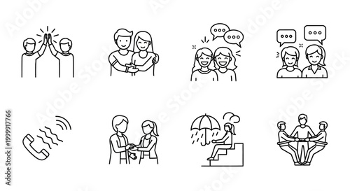 Set of human interaction and social relationship thin line icons.