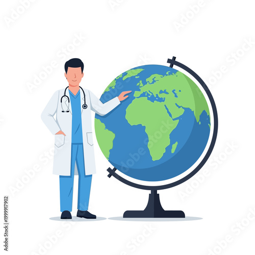 Doctor pointing at globe, global healthcare, medical research, international medicine concept