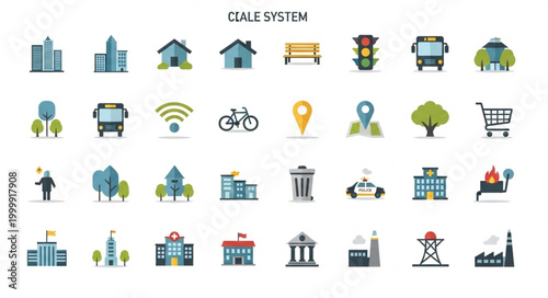 Collection of Flat Icons Representing Urban Elements and Services.