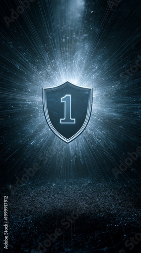 Shining Number One Shield: A futuristic shield radiating a sense of prestige and top-tier achievement. The stark contrast between the bright.