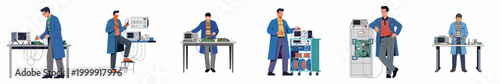 Set of electronic engineers and technicians in blue lab coats working with oscilloscopes and circuit boards in a laboratory environment vector illustration.
