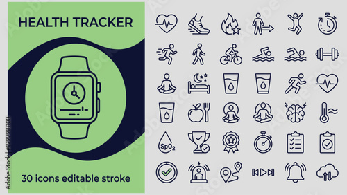 Schilderij op canvas Health tracker icons set for fitness and wellness applications and websites onli