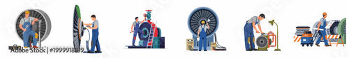 Set of illustrations showing industrial workers, mechanics, and engineers maintaining, repairing, and operating large turbines and heavy machinery in a factory environment.
