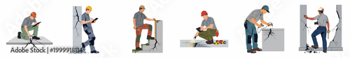 Set of illustrations showing structural inspectors examining cracks in concrete walls, pillars, and floors using various specialized tools for building maintenance and safety.