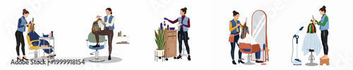 Collection of Flat Vector Illustrations Depicting Professional Hairdressers Coloring and Styling Hair in a Modern Salon Environment.