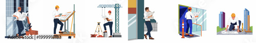 Set of flat vector illustrations featuring professional architects and civil engineers working with blueprints and site plans in various construction and office settings.