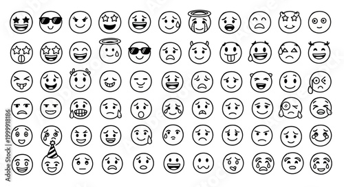 Collection of hand drawn doodle emoji faces with various expressions.