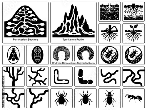 Collection of Underground Insect Life Icons: Soil Biology Diagrams, Ant Nest Formicarium, Termite Mound Structures, Larvae, Roots, and Network Tunnels Vector Set