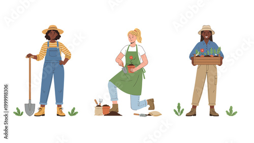 Diverse Women Gardeners with Tools and Plants Illustration Set