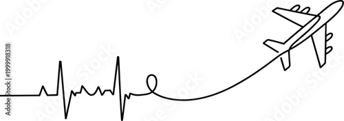 Minimalist airplane connected to heartbeat line medical vector icon