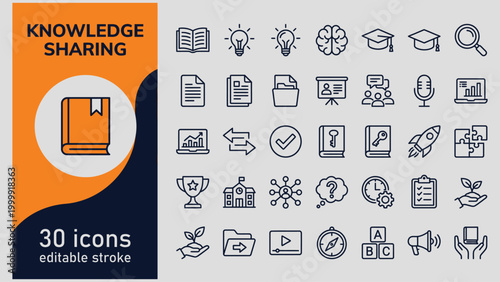 Knowledge sharing editable stroke icons set including education learning and business growth symbols