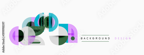 Abstract geometric shapes overlap, creating modern background. Colors include teal, purple, gray, green. Minimalist design elements present.