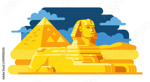 Egyptian Sphinx and Pyramid Illustration, Ancient Landmark, Desert Landscape