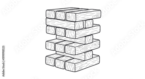 Hand Drawn Tower of Wooden Blocks, Jenga Game Illustration, Strategy Game Concept