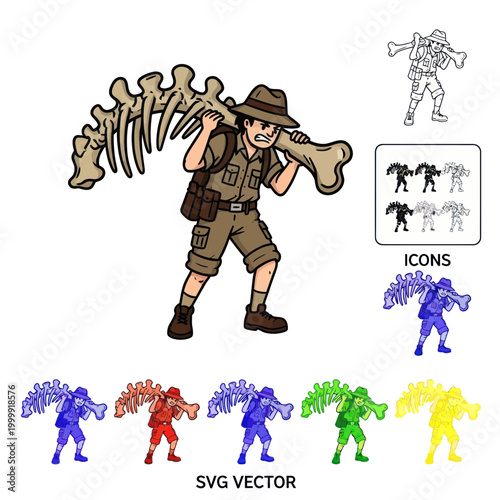 Paleontologist Carrying Dinosaur Skeleton Bones, Adventure Explorer