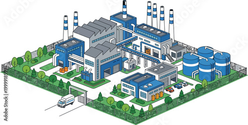 warehouse building with truck and worker loading boxes